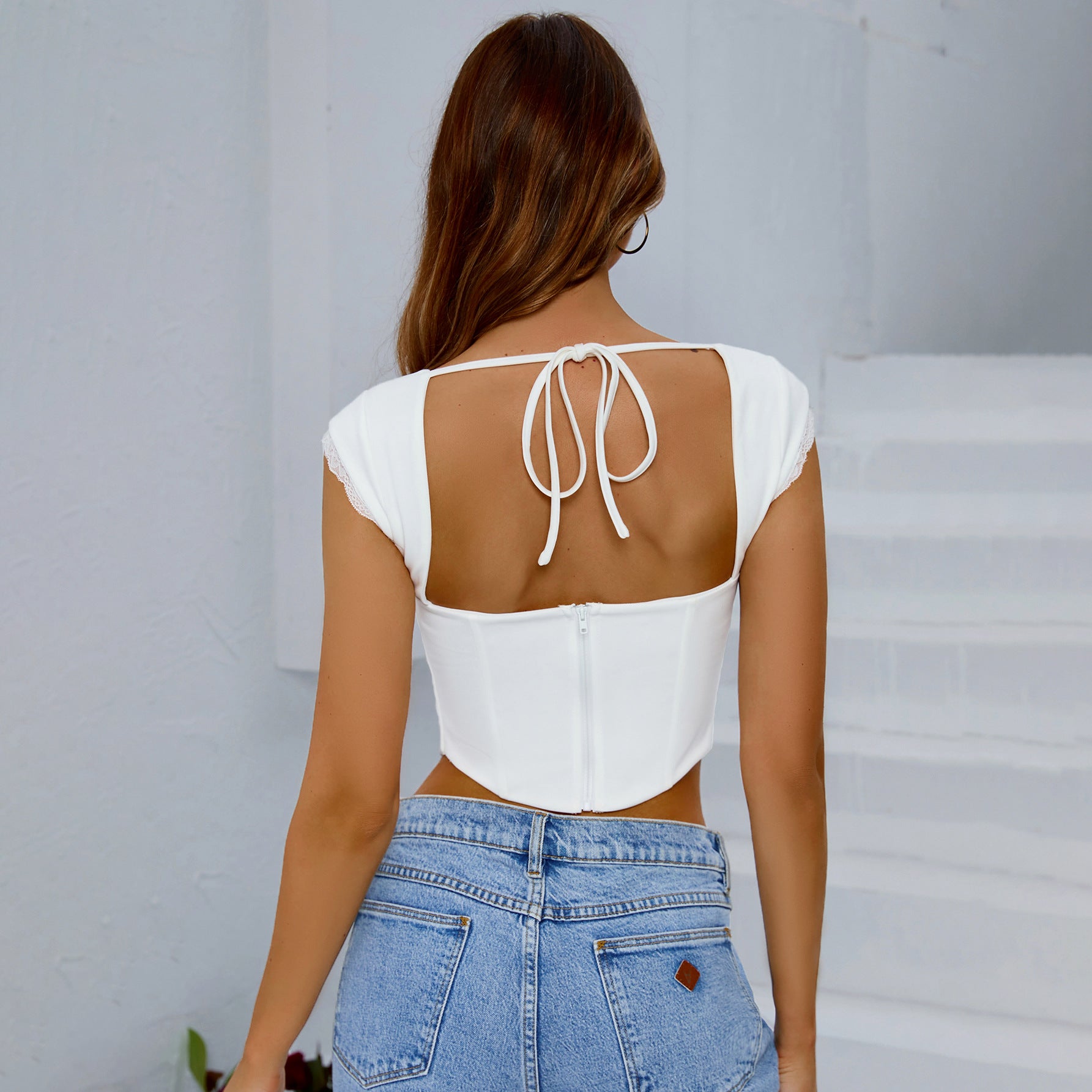 LACE-UP BACKLESS CORSET CROP TOP, SLEEVELESS CAMI