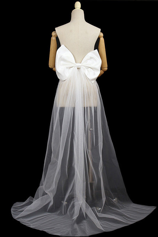 OVERSIZED WHITE SATIN BACK BOW WEDDING SASH WITH TULLE TRAIN