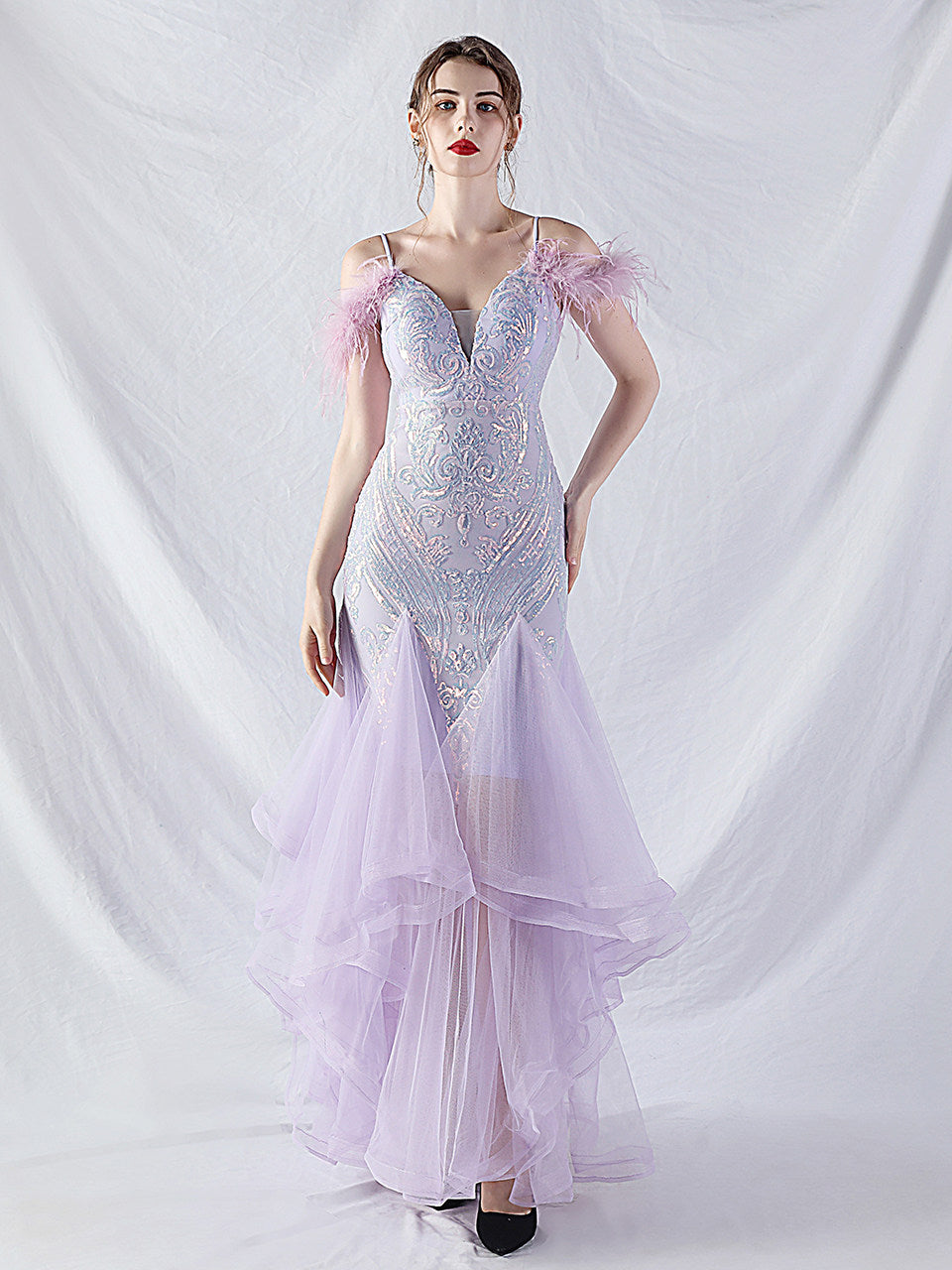 FEATHER SEQUIN STRAPLESS TULLE MAXI DRESS