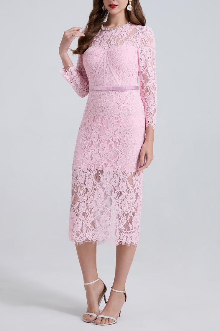 RHINESTONE FISHBONE LACE MIDI DRESS IN PINK