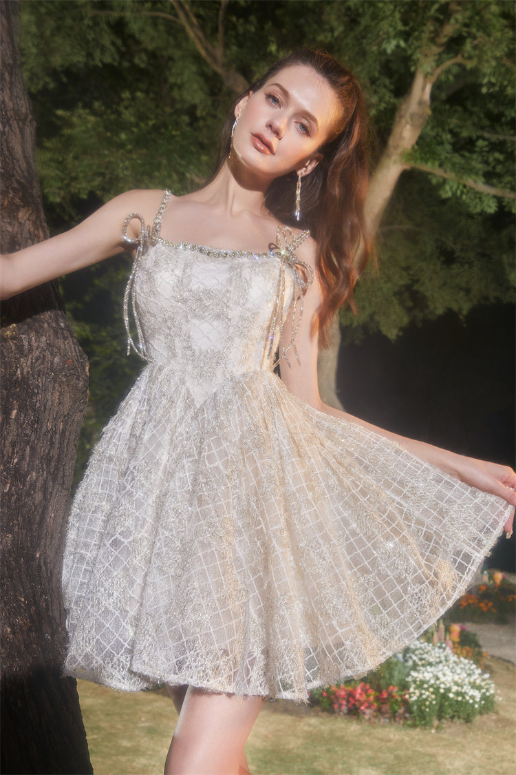 BEIGE SQUARE NECK LACE SLEEVELESS COCKTAIL DRESS