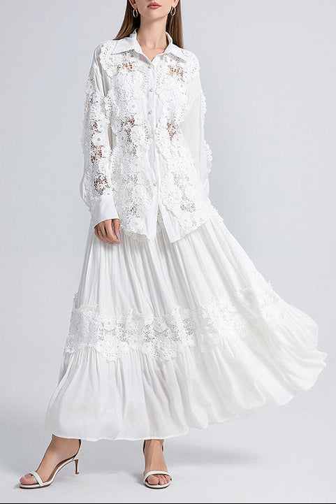 HOLLOW LACE MIDI DRESS WITH FLAPPED SPLICING IN WHITE