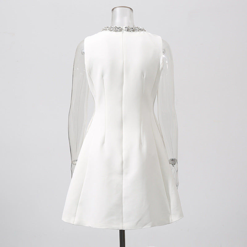 ALYSSA WHITE SLEEVELESS ROUND NECK DIAMOND DRESS