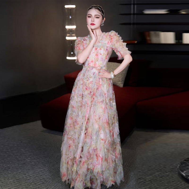 JODIE V-NECK RUFFLE TULLE MAXI DRESS