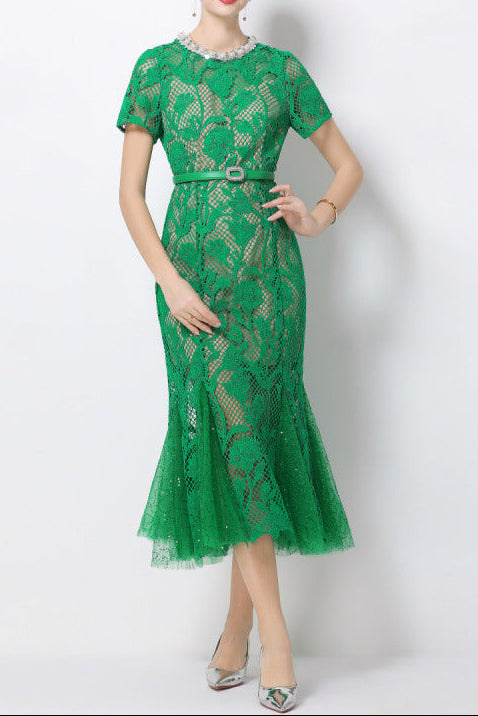 O1CN01UOFiMm1pWbDYxvv7Q__3682635368-0-cib RHINESTONE FLOWER LACE FISHTAIL MIDI DRESS - GREEN