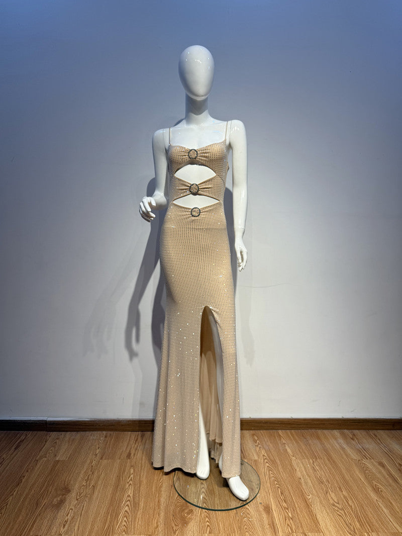 RHINESTONE HIGH SLIT CUTOUT BODYCON MAXI DRESS APRICOT