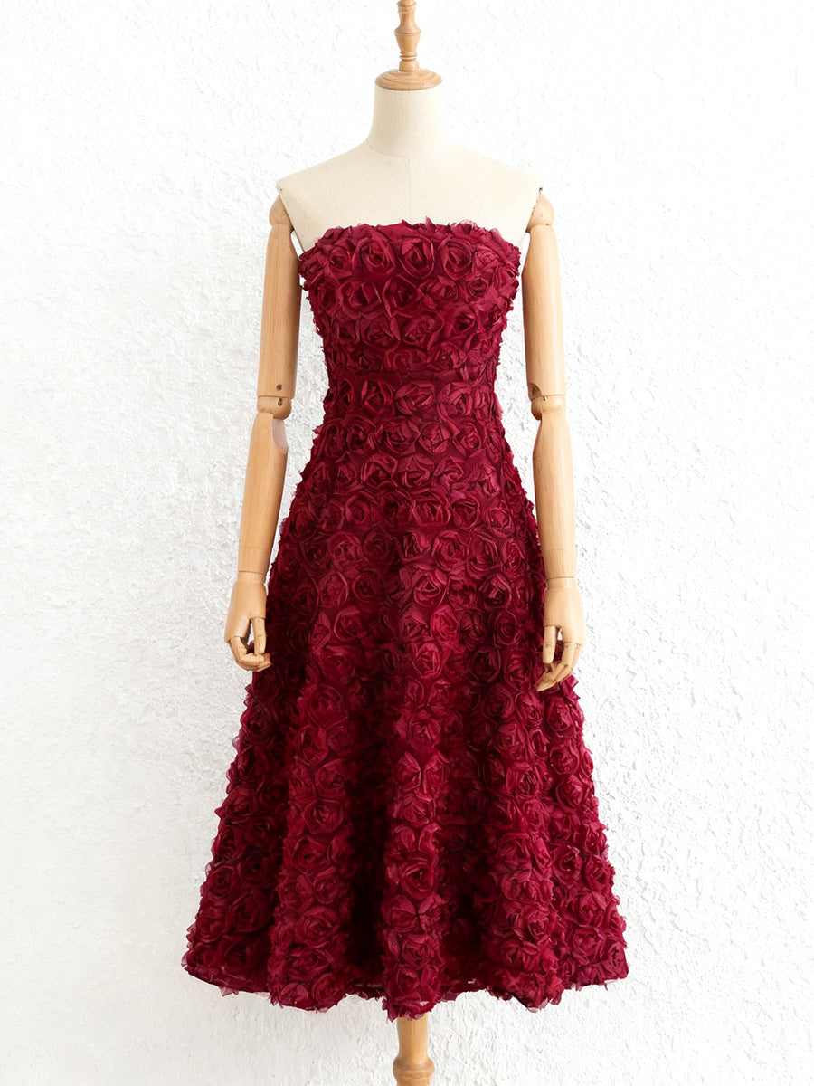 MONA 3D ROSE MESH STRAPLESS MAXI DRESS WINE RED