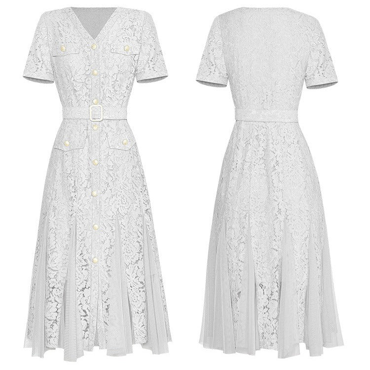 WHITE LACE V-NECK BELTED MIDI TULLE DRESS