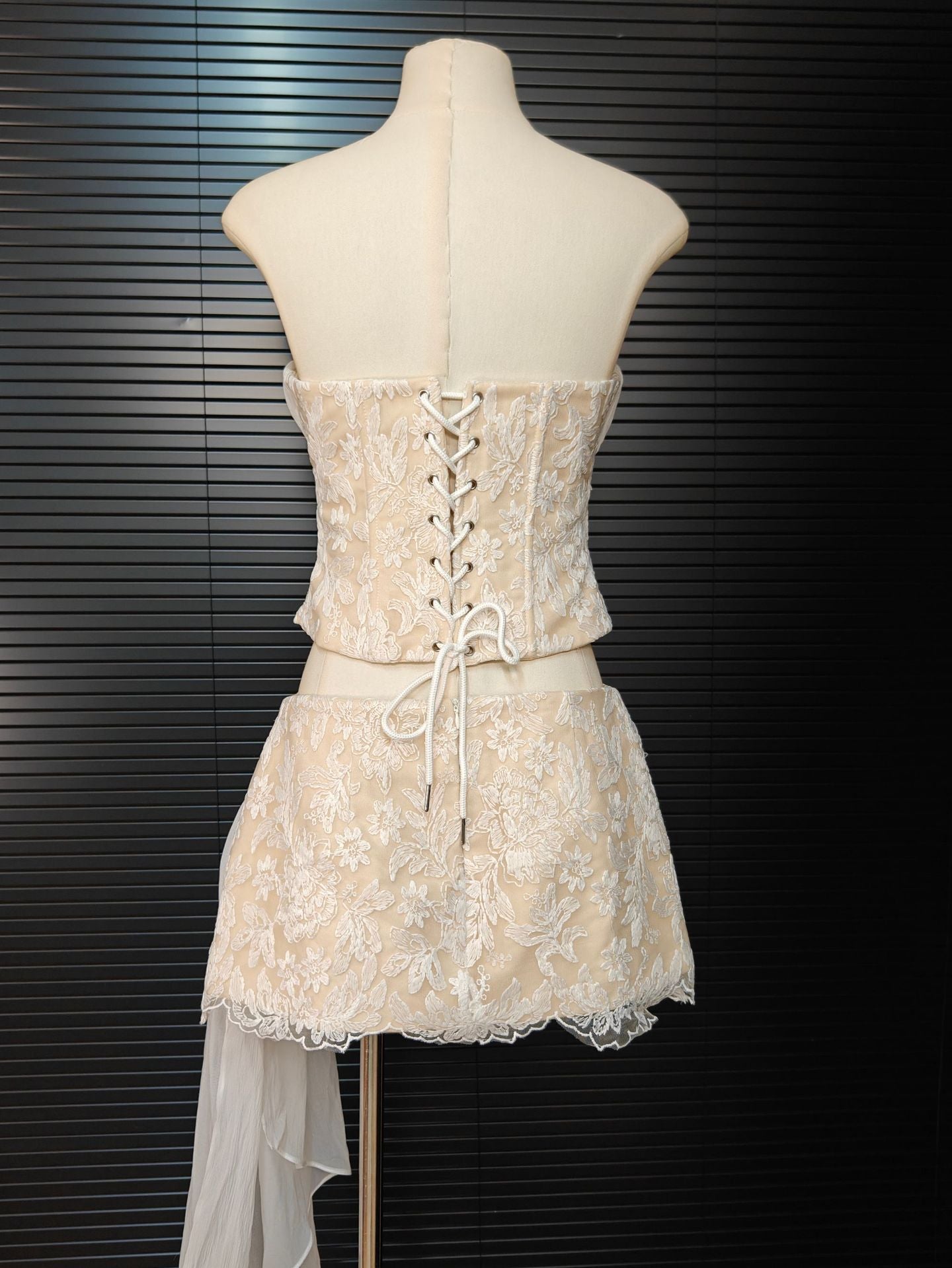 WHITE HERRINGBONE TUBE TOP RUFFLE MINI DRESS