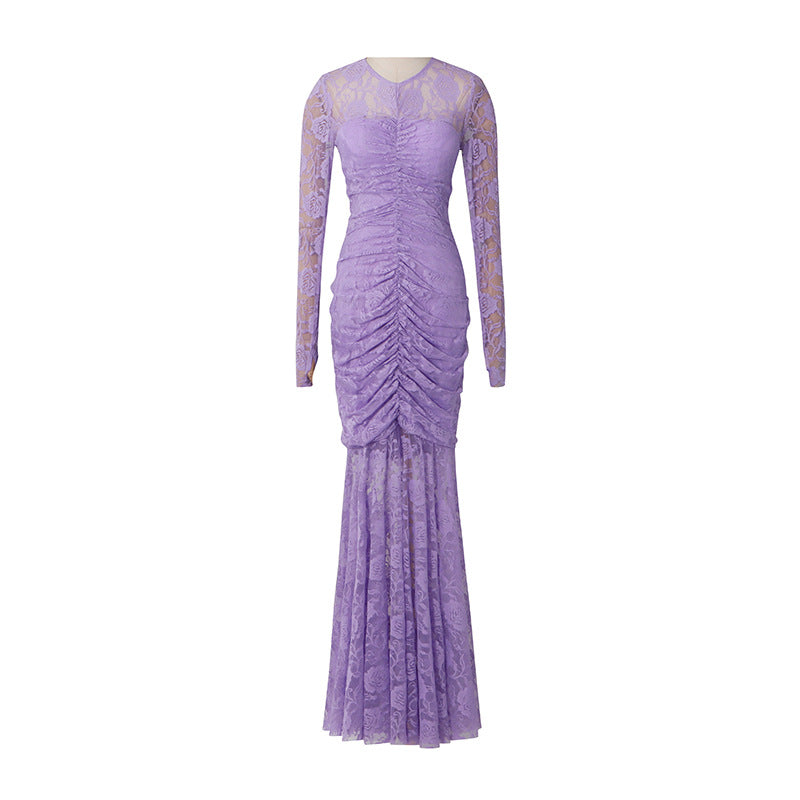 PENNY LACE RUCHED BODYCON MAXI DRESS IN PURPLE