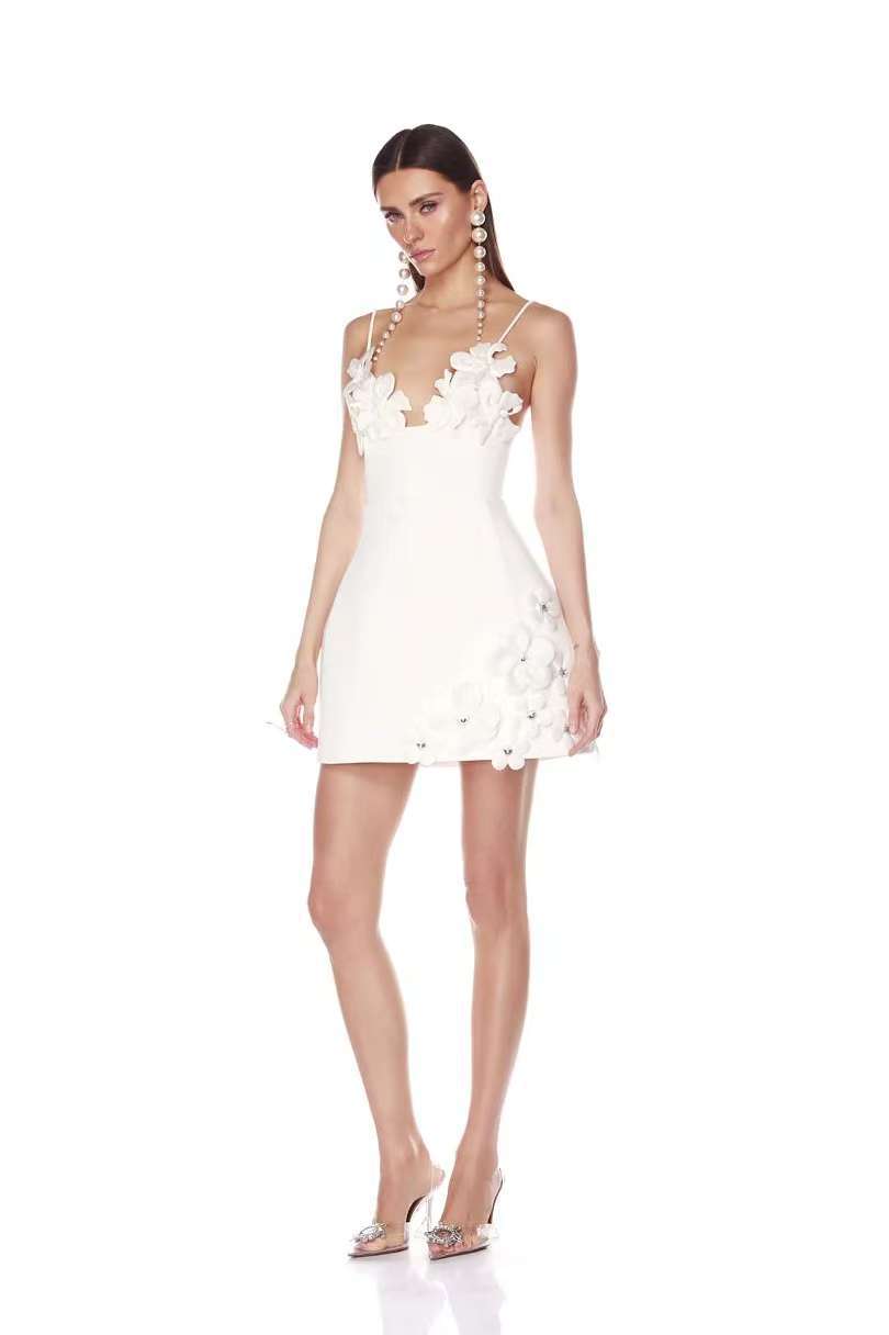 3D FLOWER A-LINE MINI DRESS - WHITE WEDDING GUEST