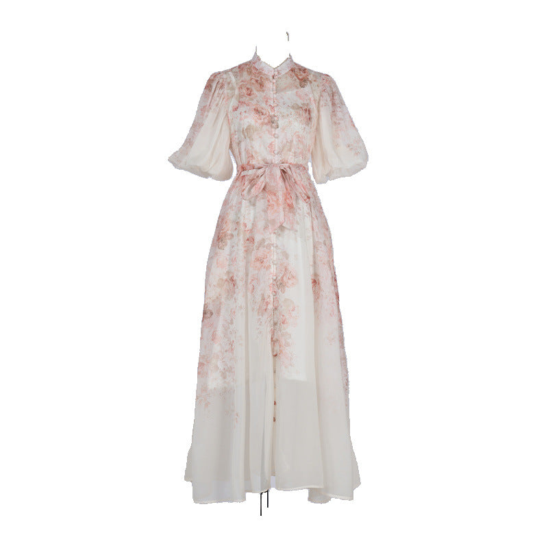 PINK FLORAL MANDARIN COLLAR CHIFFON MAXI DRESS