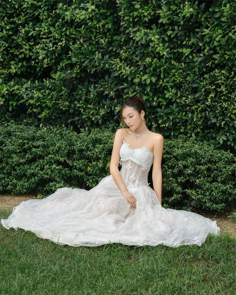 SALLY 3D BUTTERFLY LACE STRAPLESS WHITE MAXI DRESS