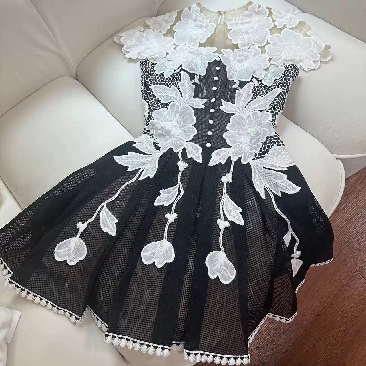 BLACK LACE EMBELLISHED MINI DRESS FOR PARTY
