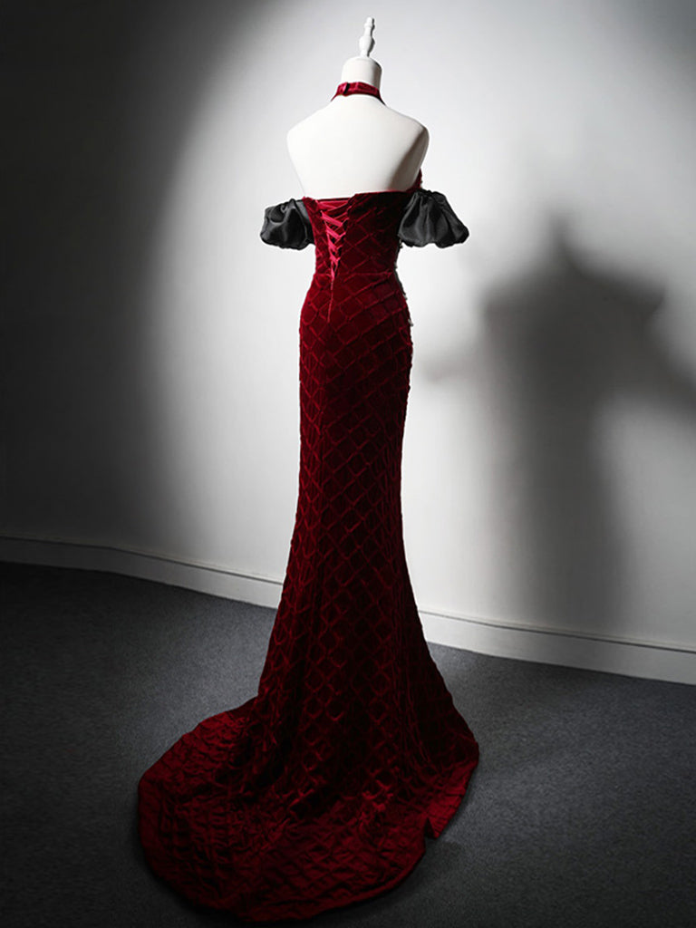 BURGUNDY VELVET MERMAID PROM DRESS