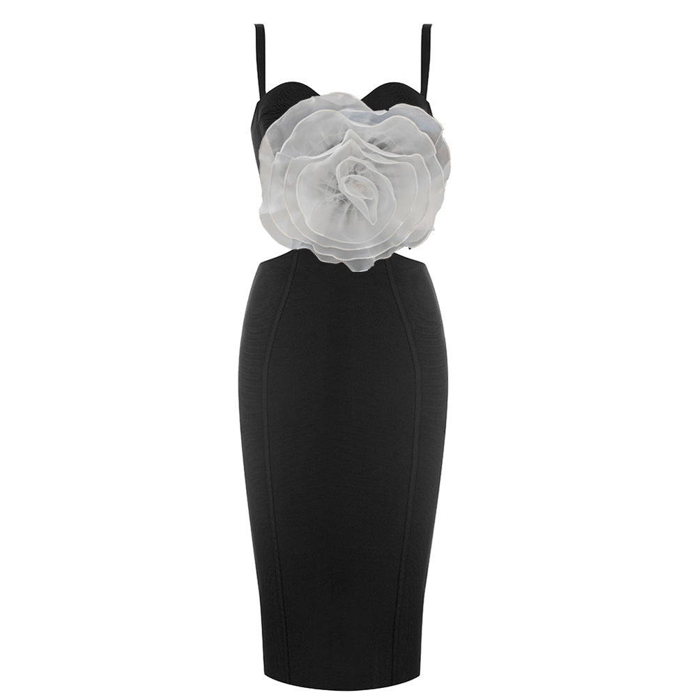 JACEY MESH FLOWER BANDAGE MIDI DRESS