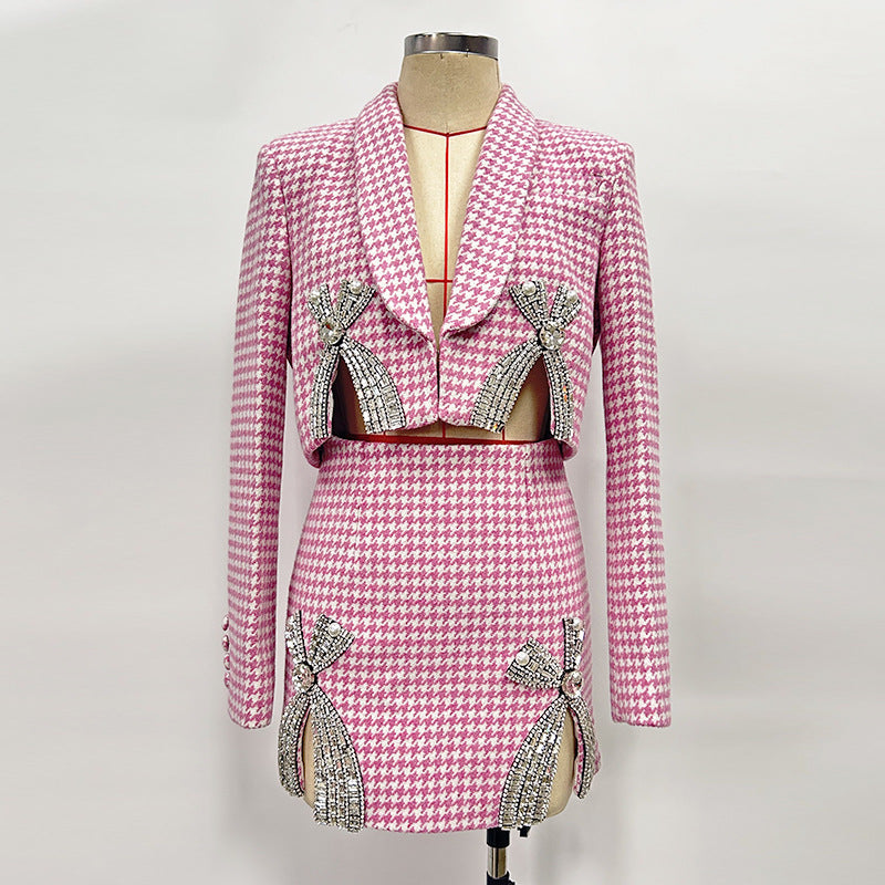 HELEN PINK CHECKED WOOL BLAZER SET
