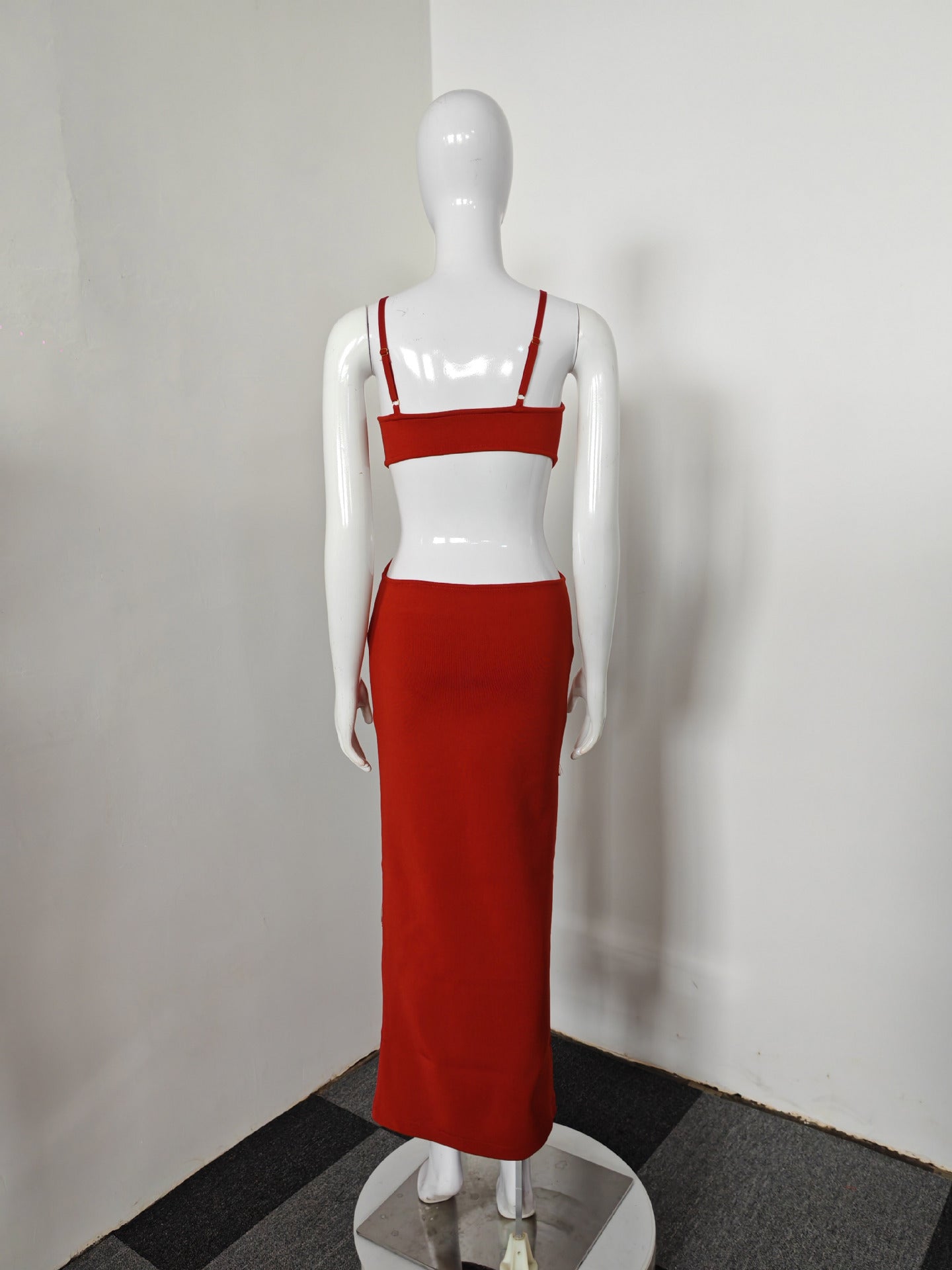 DEEP-V RED BANDAGE MAXI DRESS WITH TASSELS