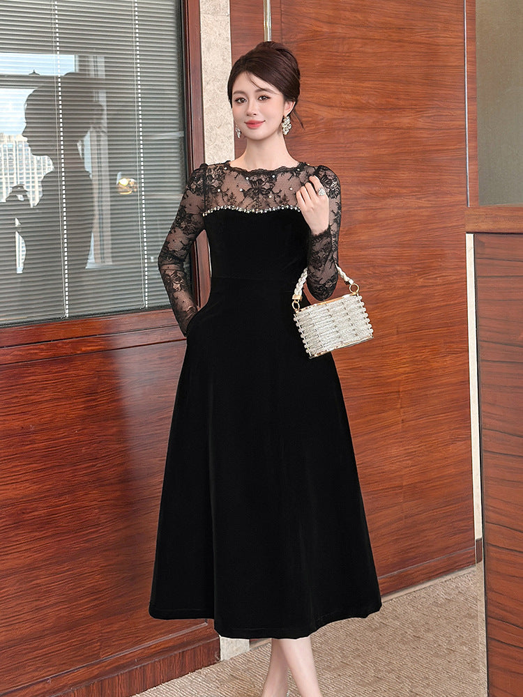 BLACK VELVET RHINESTONE MAXI DRESS WITH LACE SLEEVES