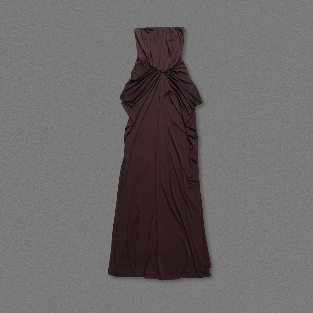 SIMONA BROWN STRAPLESS PLEATED GOWN