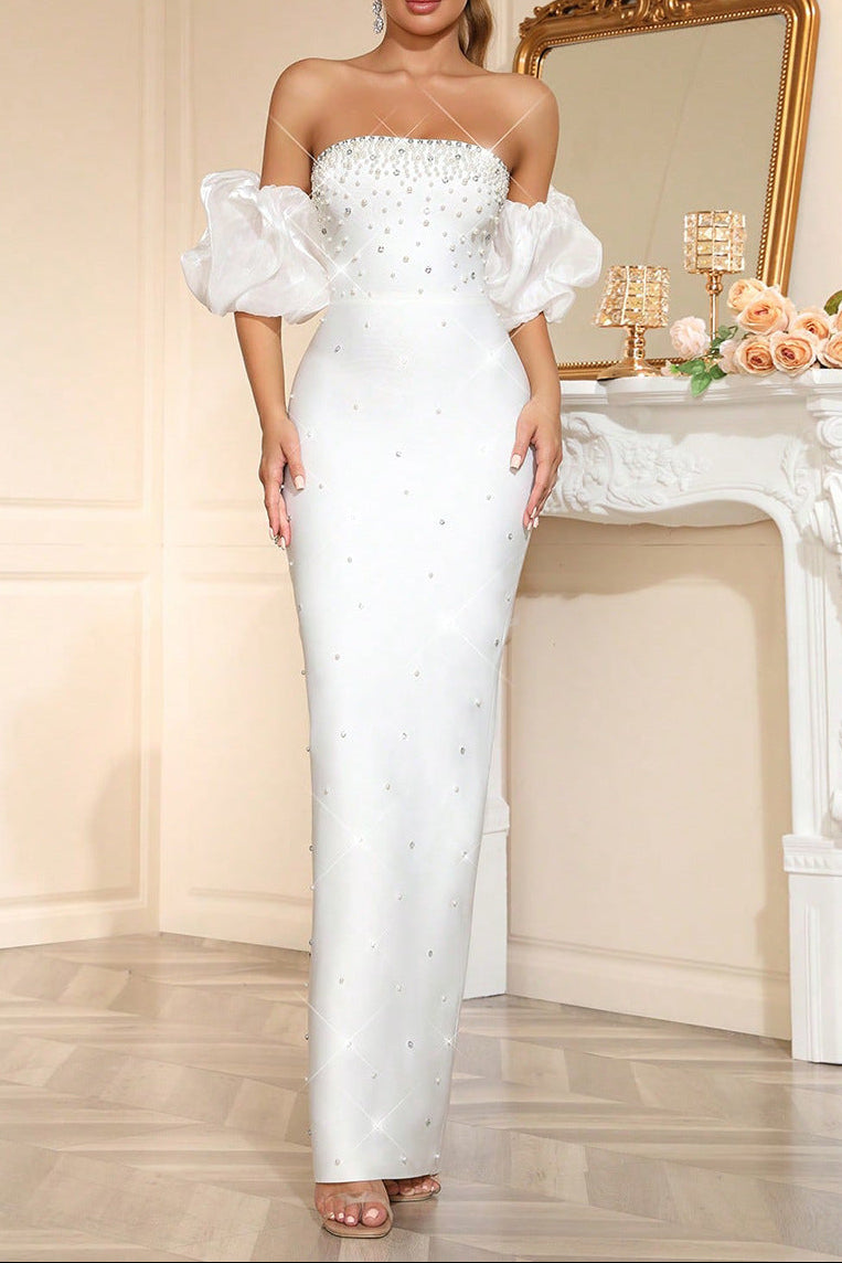 NANCY RHINESTONE STRAPLESS MAXI DRESS WHITE