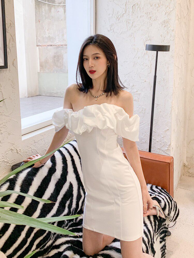 WHITE DOLORES RUFFLED STRAPLESS OFF-SHOULDER MINI DRESS