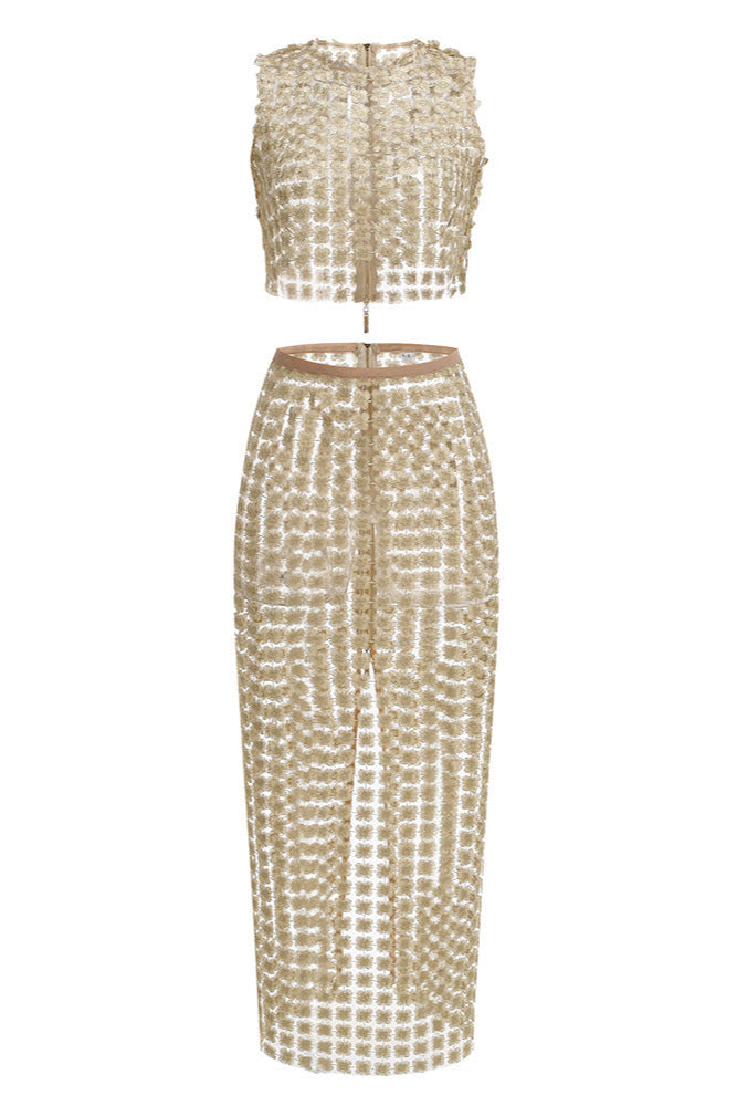 APRICOT SHEER PLAID FISHTAIL MAXI SKIRT SET