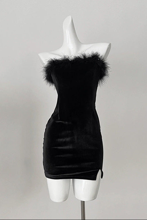 SAMANTHA BLACK VELVET STRAPLESS MINI DRESS