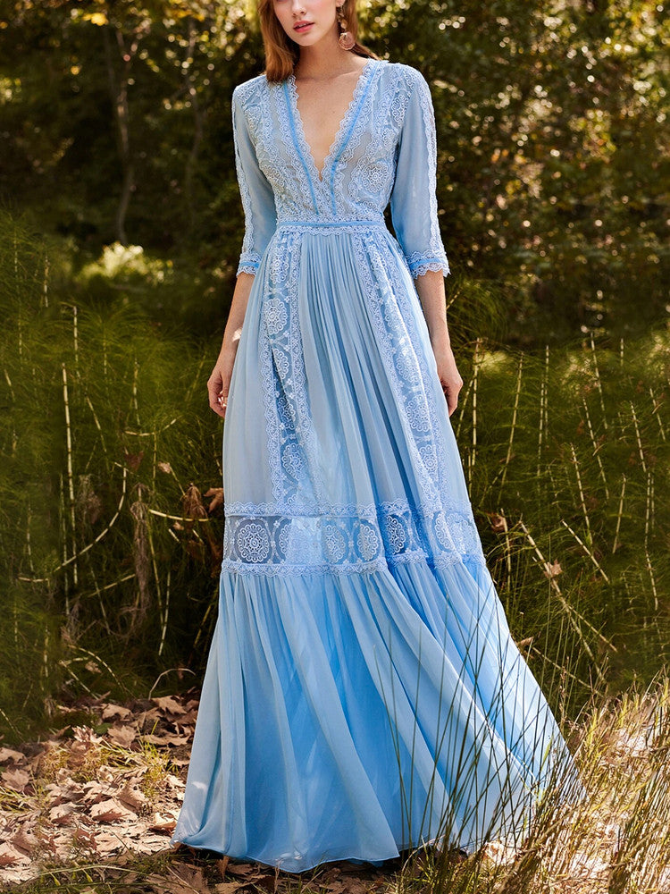 O1CN01V3X7Sr1SvZcSH7GJu__277952309 BLUE V-NECK LACE MAXI DRESS FOR WEDDING GUEST