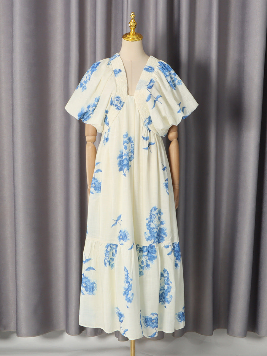 SUSIE SMOCKED PUFF SLEEVE MIDI DRESS - BLUE COCKTAIL
