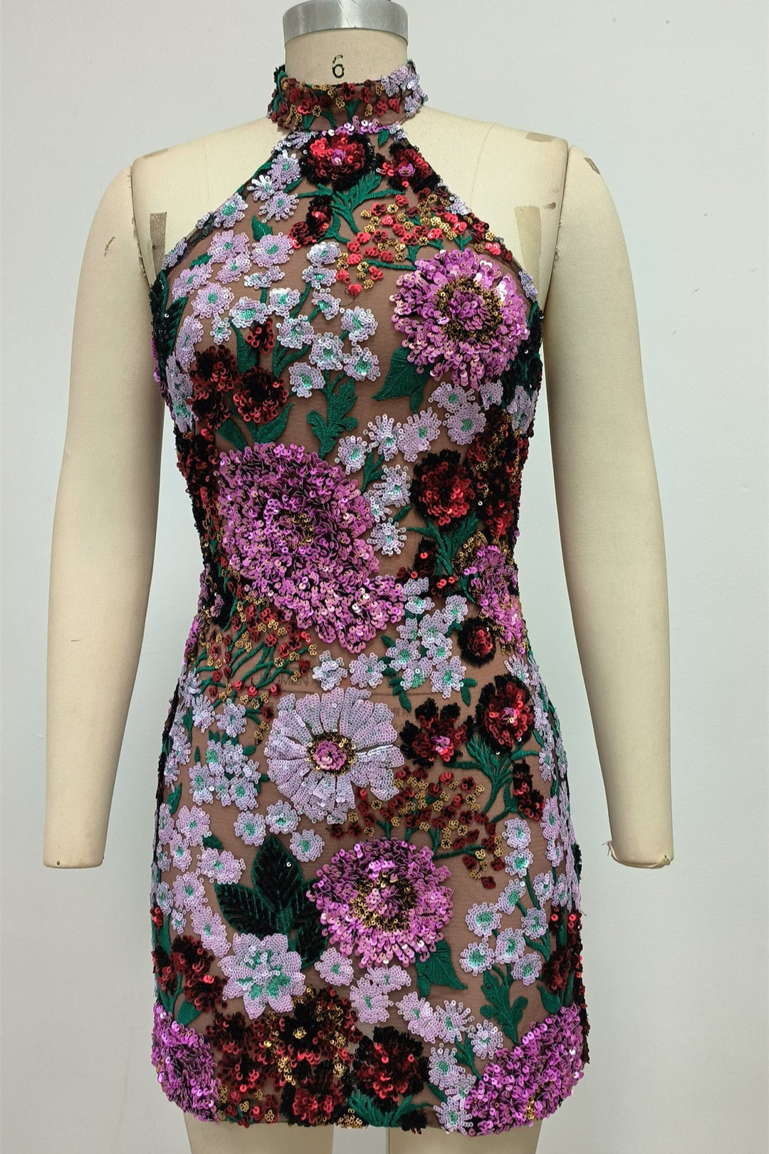 VIOLET OPEN-BACK EMBROIDERED MINI COCKTAIL DRESS