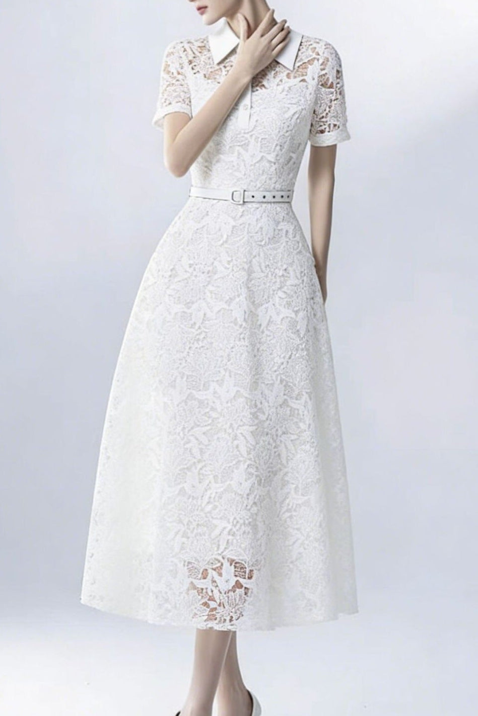 LACE COLLAR BELTED MIDI DRESS FOR WEDDING GUEST