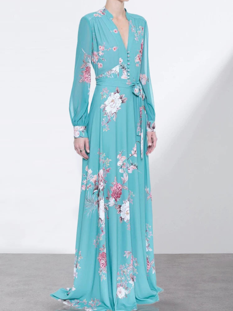 BLUE FLORAL V-NECK LONG SLEEVE MAXI DRESS