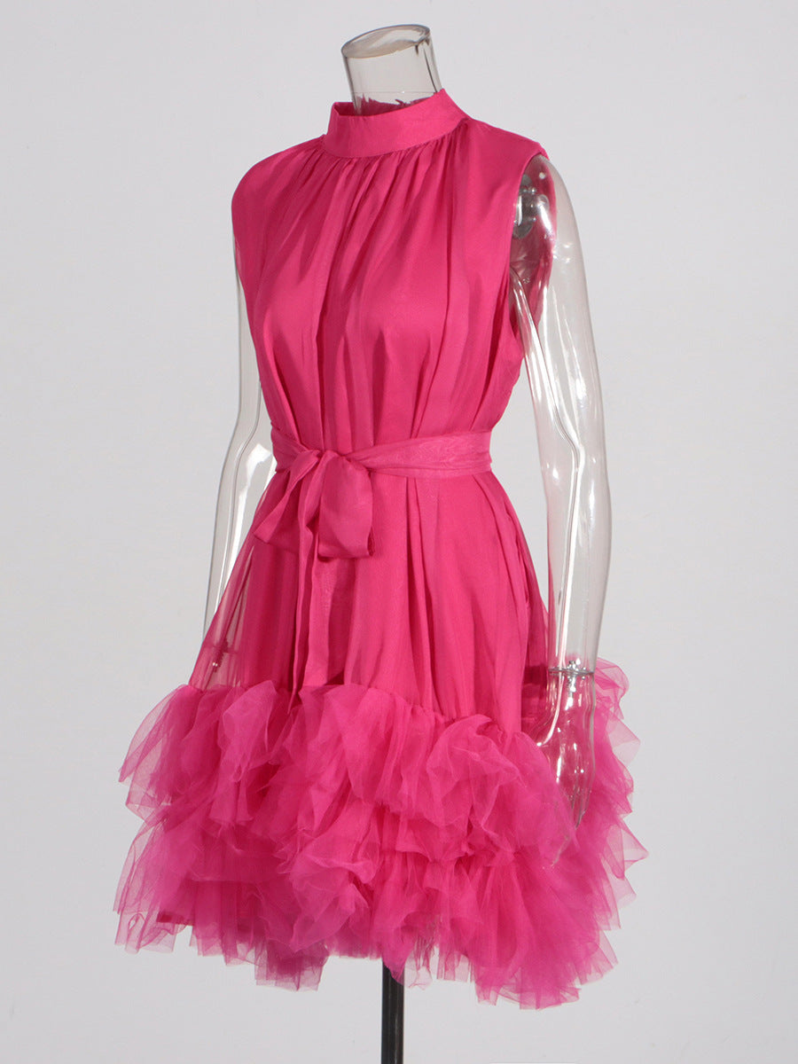 HALF HIGH NECK TULLE MINI DRESS PINK