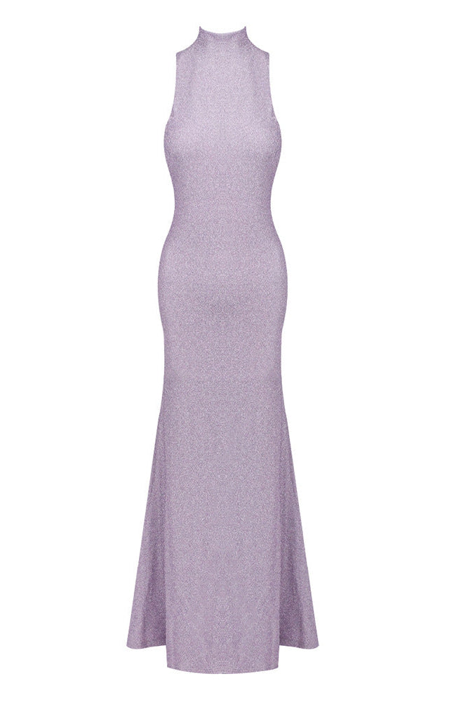 DELIA SLEEVELESS HALTER MAXI DRESS, PALE PURPLE FLOWER EMBELLISHED