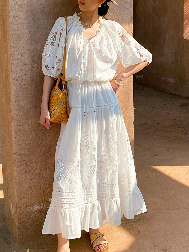 WHITE EYELET TIERED MAXI DRESS WITH PUFF SLEEVES