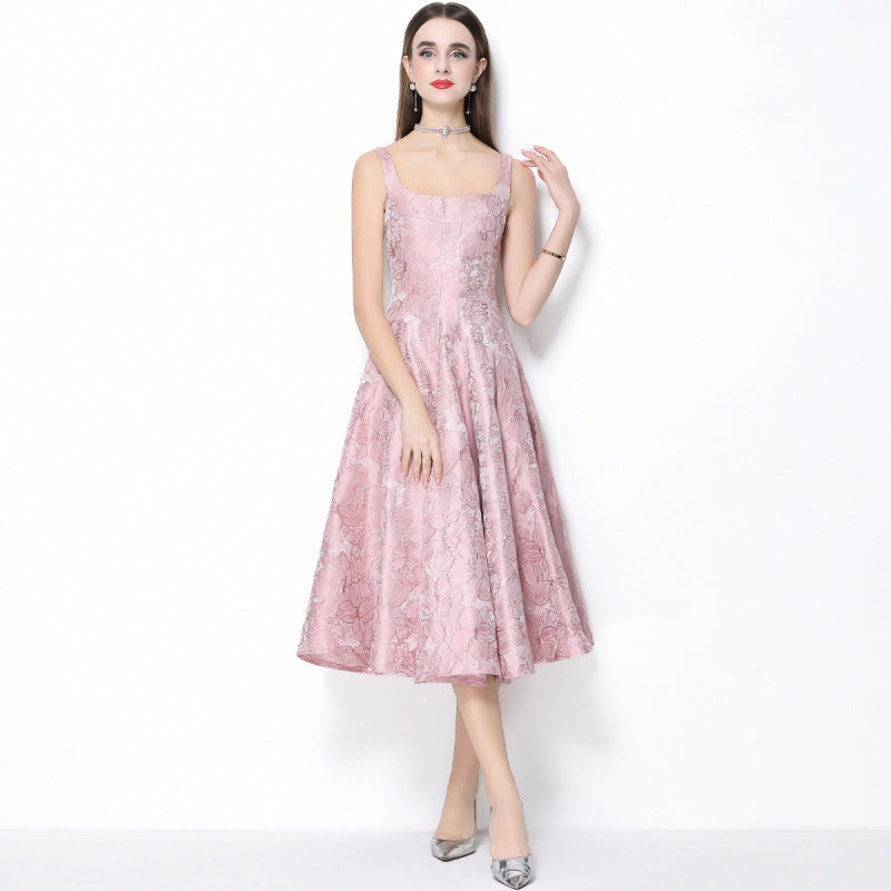 BEVERLY PINK VINTAGE JACQUARD SLIP MIDI DRESS