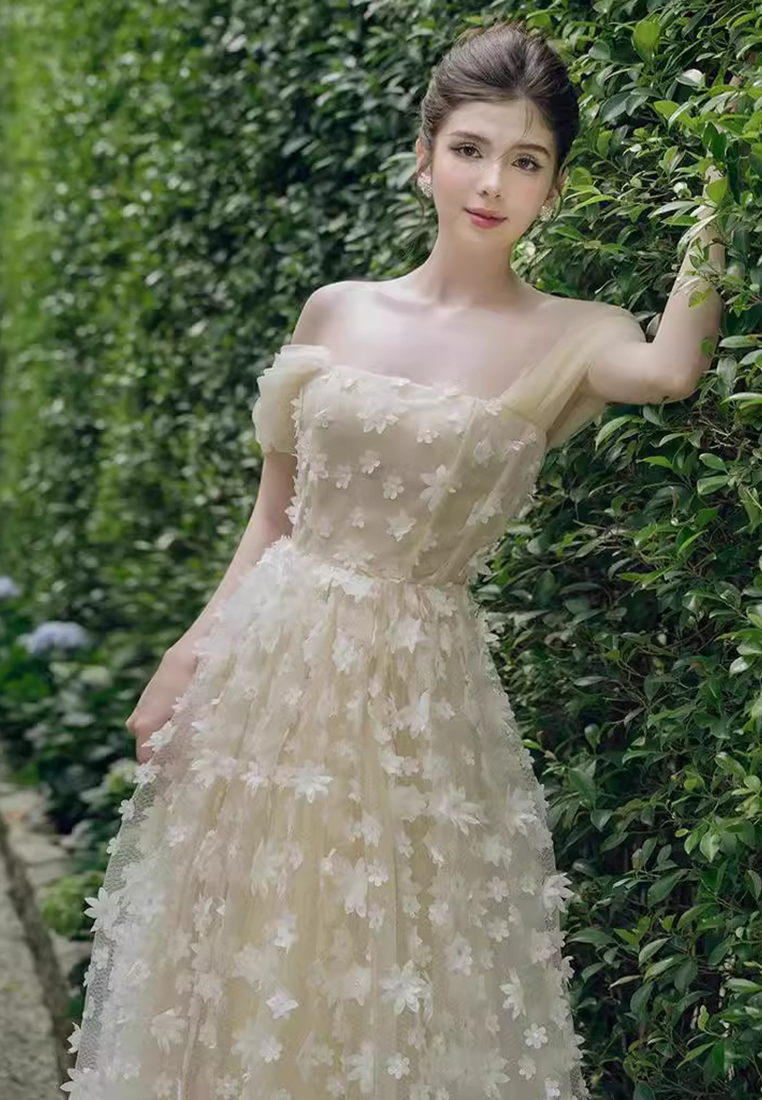 SABRINA BEIGE STRAPLESS FLOWER MAXI DRESS