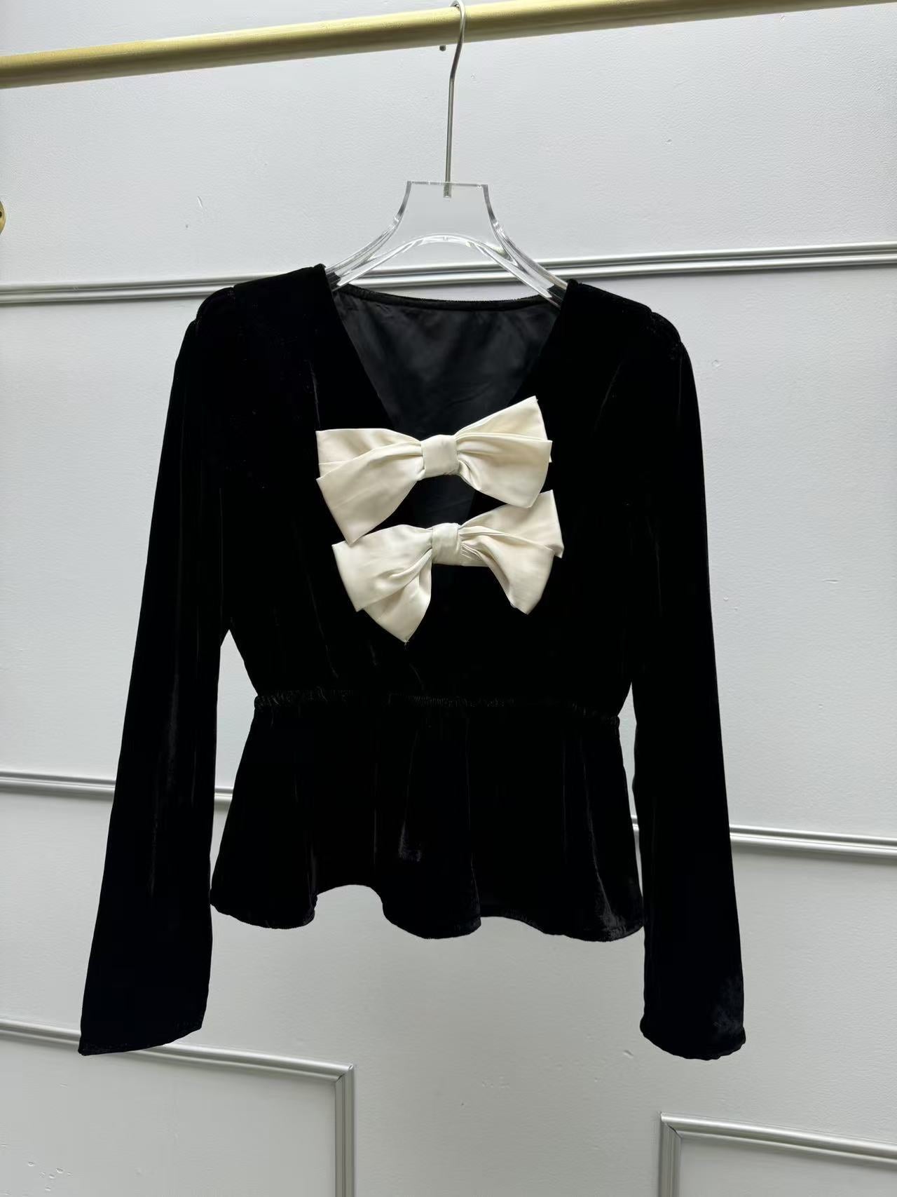 WALLIS BLACK VELVET V-NECK BOW TOP