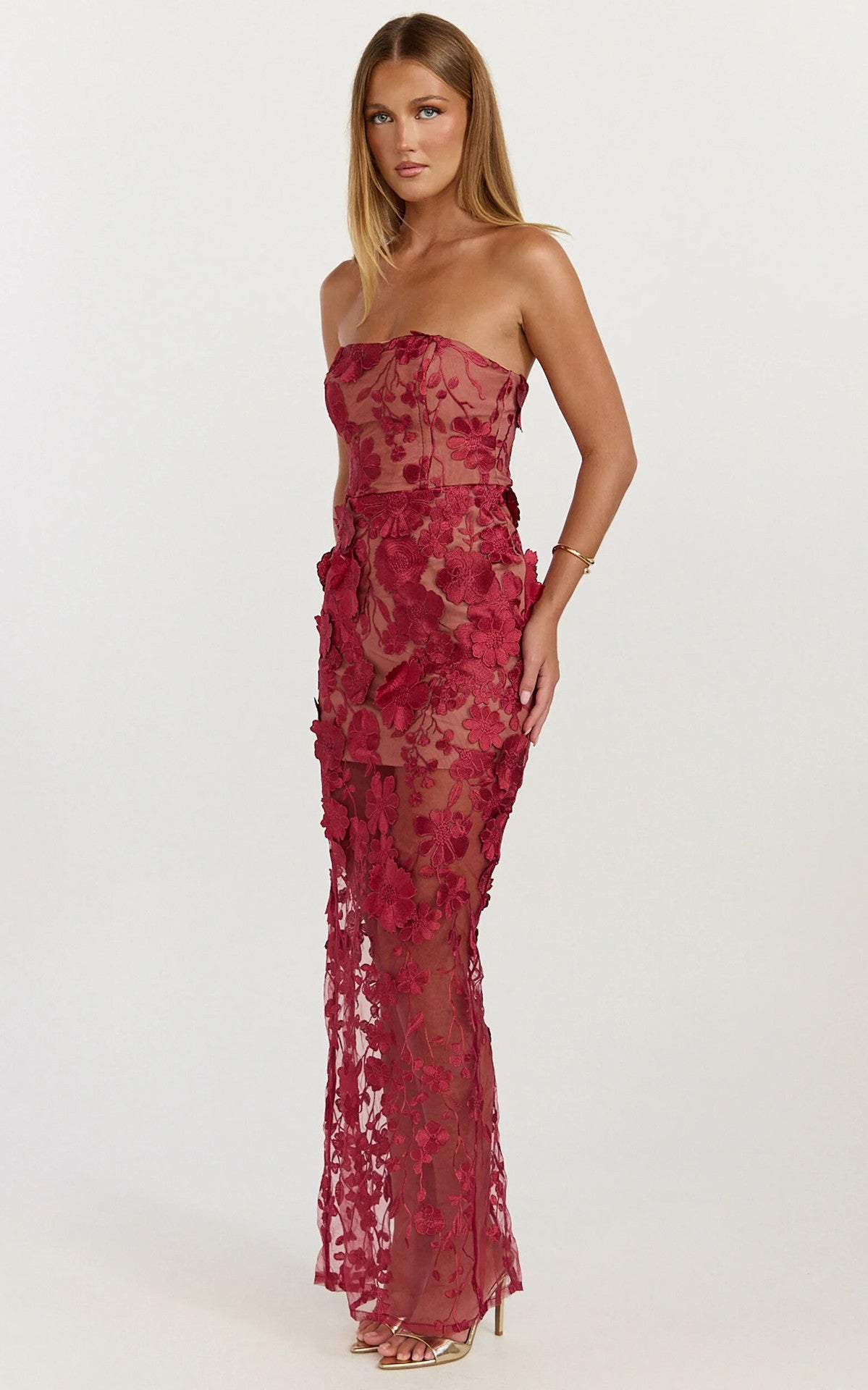 STRAPLESS 3D FLORAL MESH MAXI DRESS FOR WEDDING GUEST