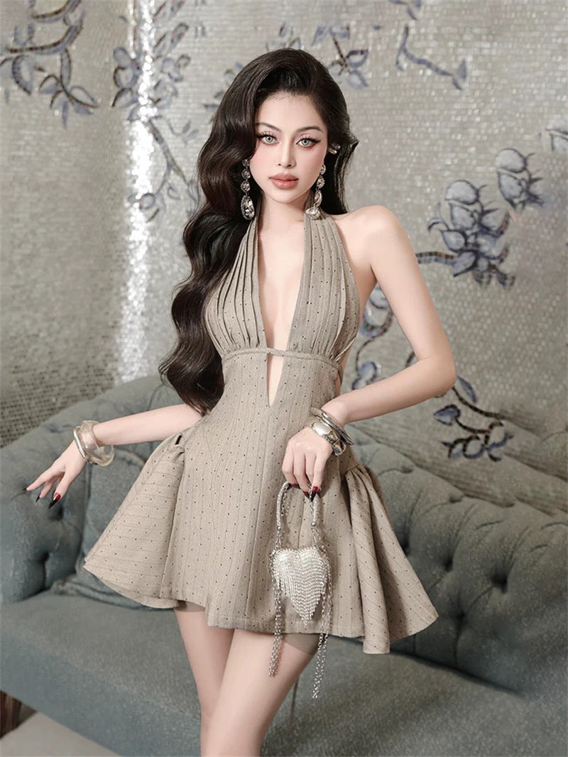 V-NECK PUFFY MINI DRESS, OPEN BACK POLKA DOT PARTY