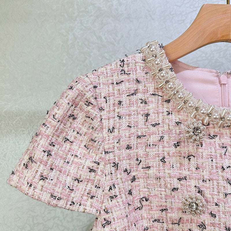 BEADED BOUCLÉ PINK MINI DRESS FOR PARTY