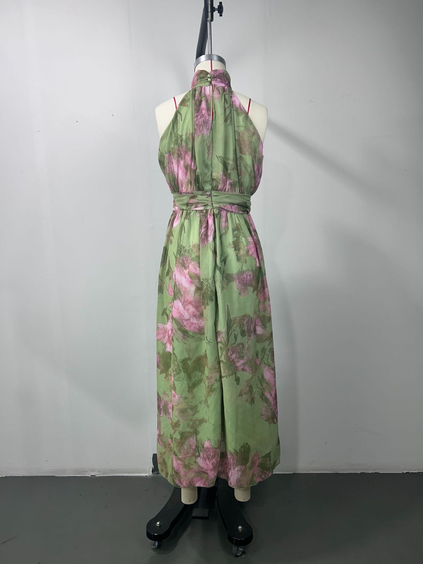 POLLY GREEN FLORAL CHIFFON HALTER MAXI DRESS