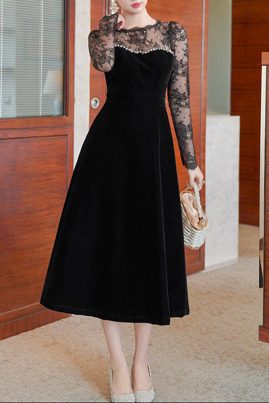 O1CN01VRdcho2Dd3XjLeth0__991128631-0-cib BLACK VELVET RHINESTONE MAXI DRESS WITH LACE SLEEVES