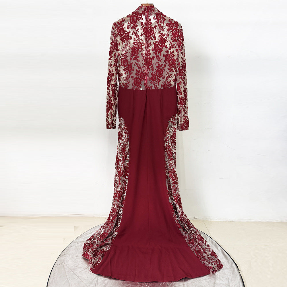 TRISTA MESH EMBROIDERY RED MAXI DRESS FOR EVENTS