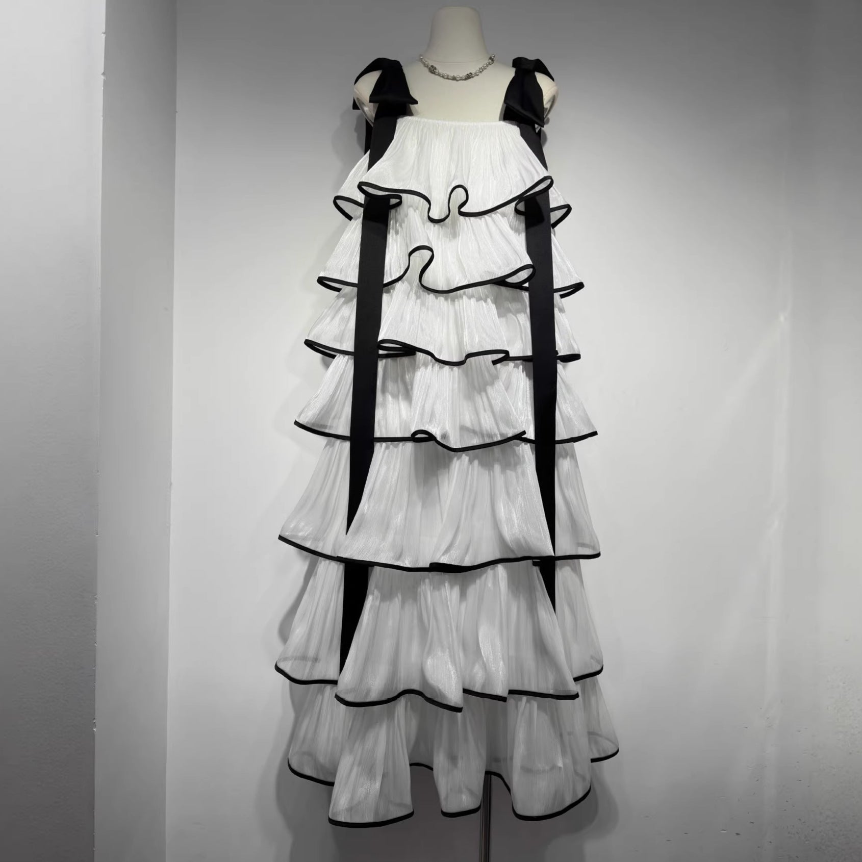 WHITE LAYER RUFFLED MAXI DRESS WITH BOWS