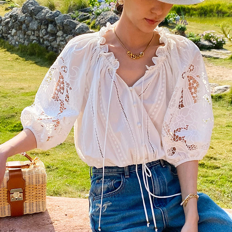 WHITE EYELET TIERED MAXI DRESS WITH PUFF SLEEVES