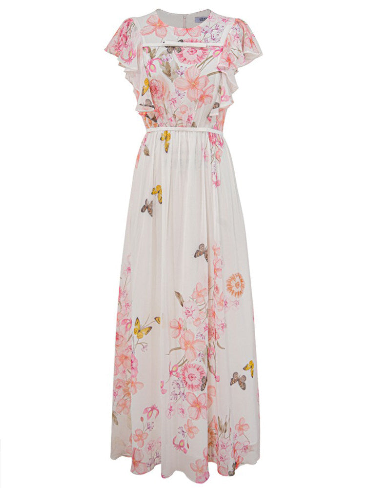 WHITE FLORAL FLYING SLEEVE MAXI DRESS