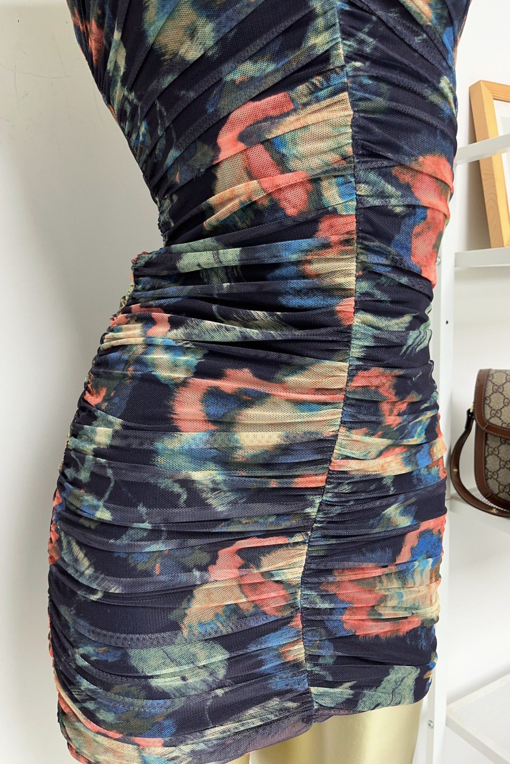 MULTICOLOR FLORAL PLEATED BODYCON MINI DRESS