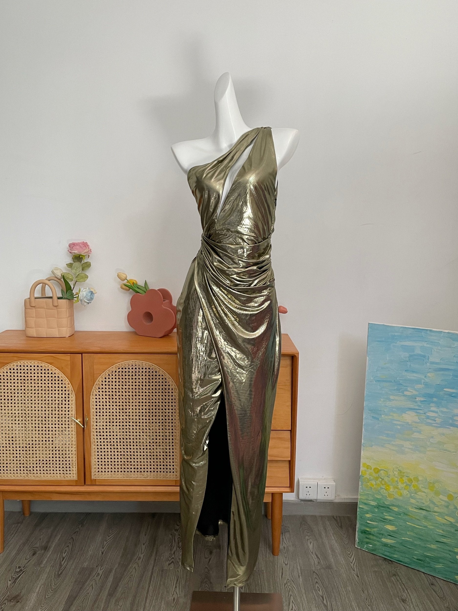 GOLD METALLIC HIGH SLIT MAXI GOWN
